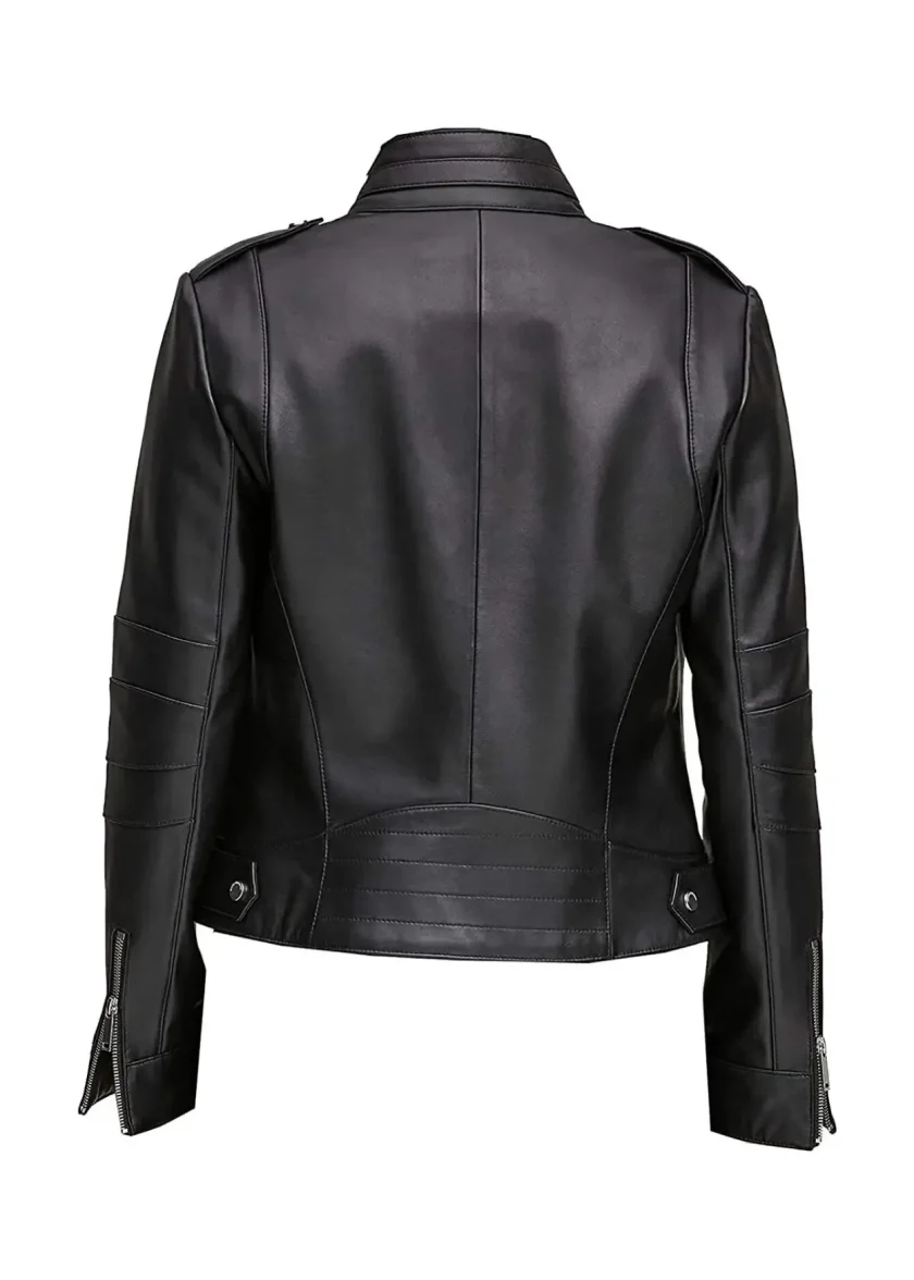 Moto Black Stand Collar Biker Leather Jacket