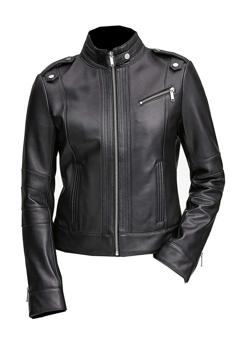 Moto Black Stand Collar Biker Leather Jacket