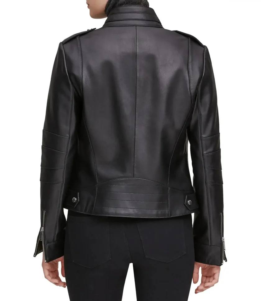 Moto Black Stand Collar Biker Leather Jacket