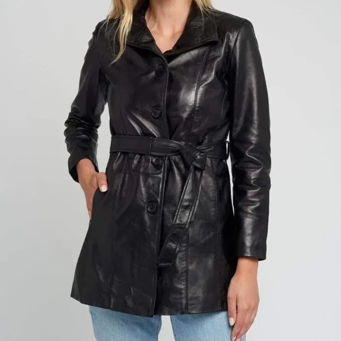 Nora Belted Black Leather Jacket