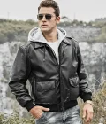 Patrick Air Mens Aviator Black Hooded Real Leather Bomber Jacket