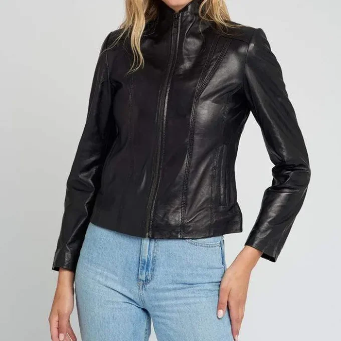 Scube Collar Black Lambskin Leather Jacket