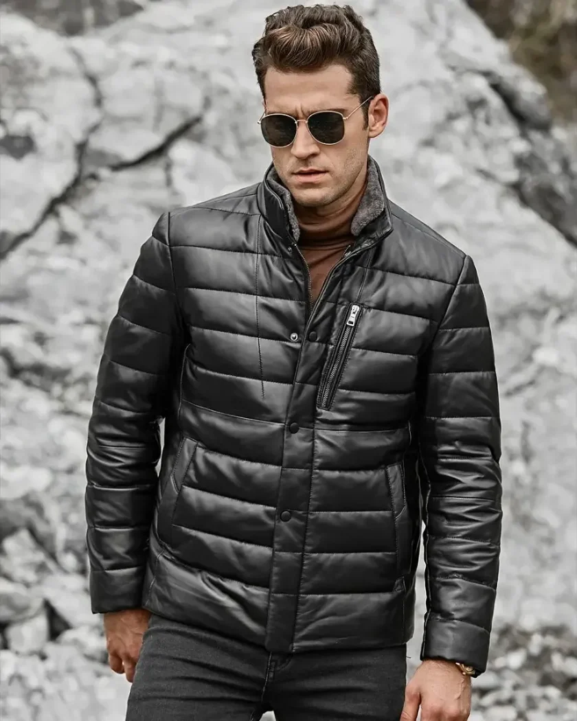 Seattle Men’s Lambskin Leather Puffer Jacket with Removable Fur Collar