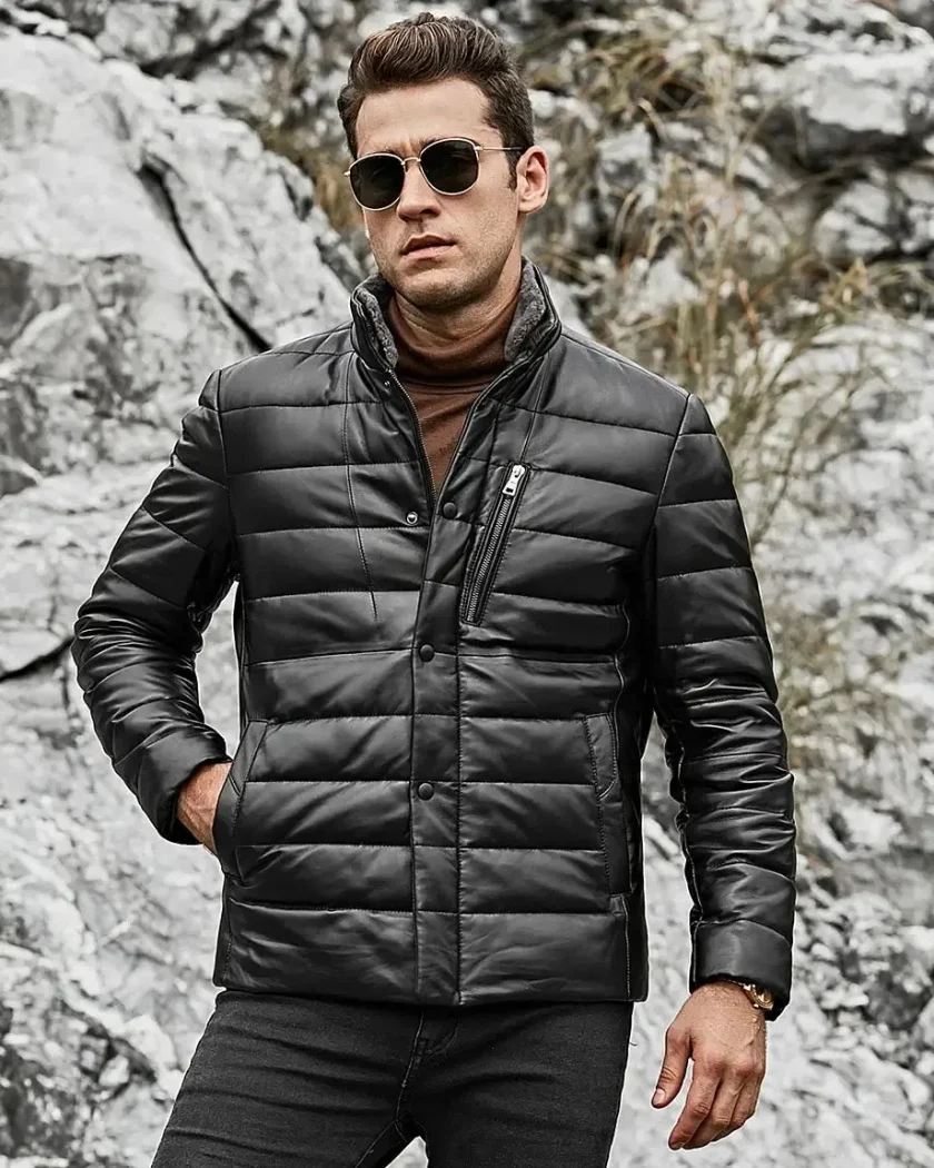 Seattle Men’s Lambskin Leather Puffer Jacket with Removable Fur Collar