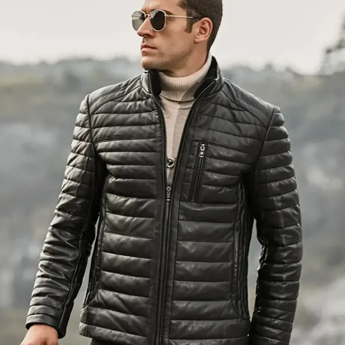 Seattle Men’s Leather Puffer Jacket with Fur collar