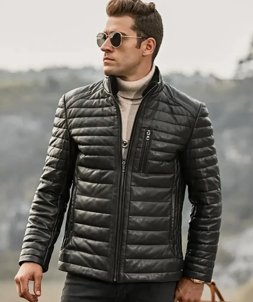 Seattle Men’s Leather Puffer Jacket with Fur collar