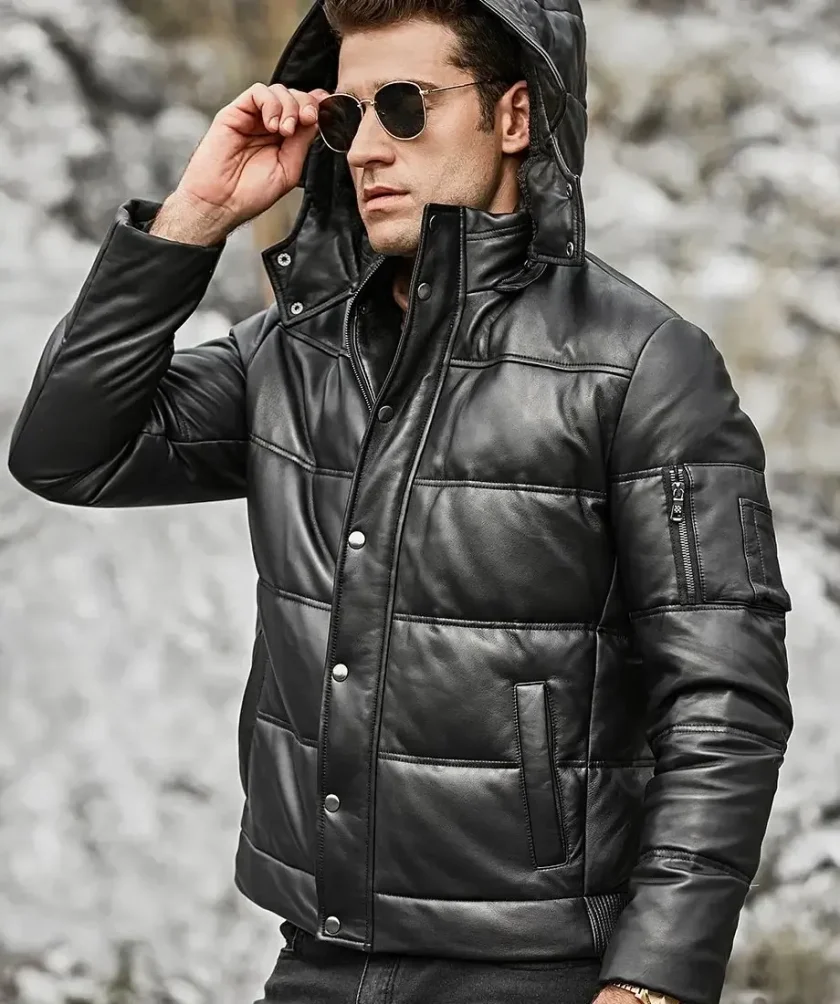 St. Louis Men’s Leather Puffer Jacket Removable Hooded