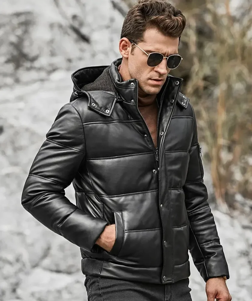 St. Louis Men’s Leather Puffer Jacket Removable Hooded