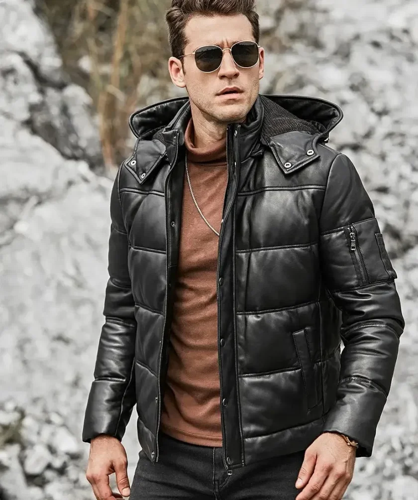 St. Louis Men’s Leather Puffer Jacket Removable Hooded