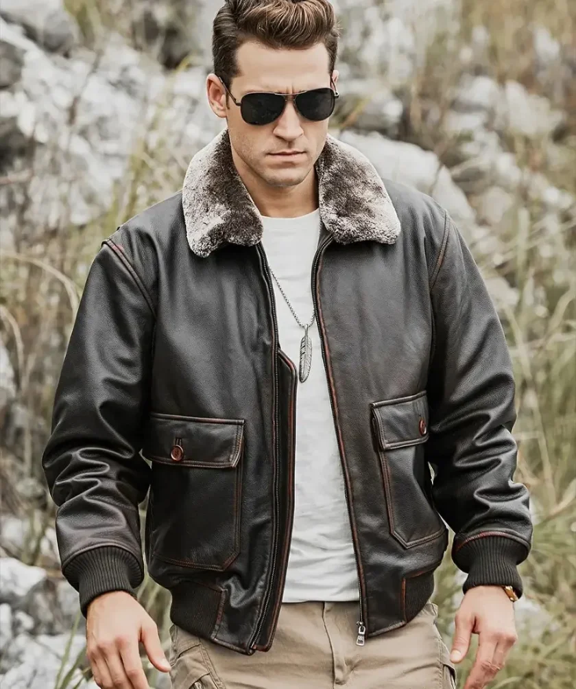 Tom Mens Aviator Bomber Real Cowhide Leather Jacket with Shearling Collar