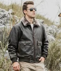 Tom Mens Aviator Bomber Real Cowhide Leather Jacket with Shearling Collar