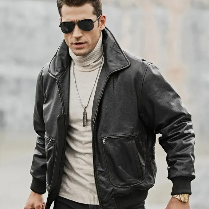 Weston Men’s Black Aviator Cowhide Leather Bomber Jacket