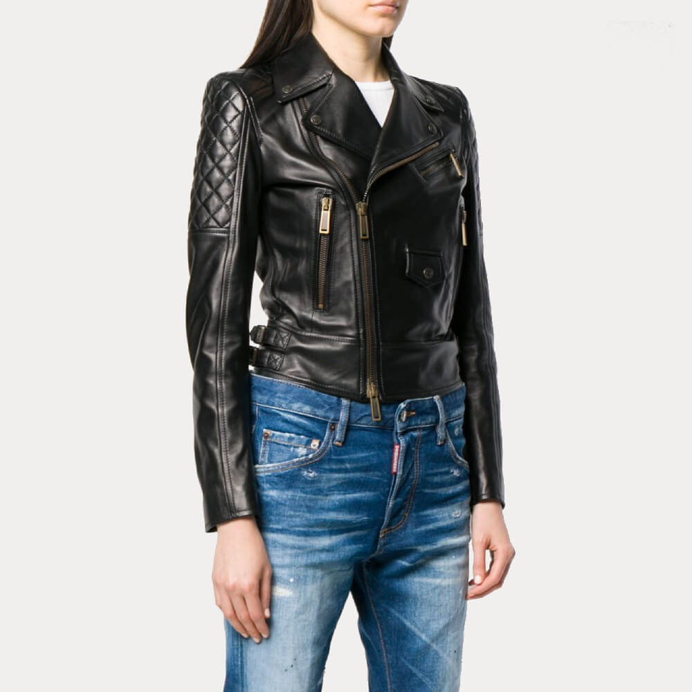 Womens Quilted Black Leather Moto Biker Jacket