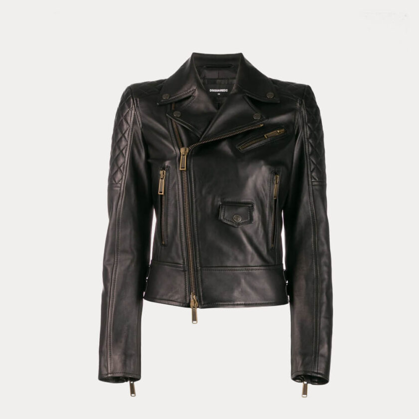 Womens Quilted Black Leather Moto Biker Jacket