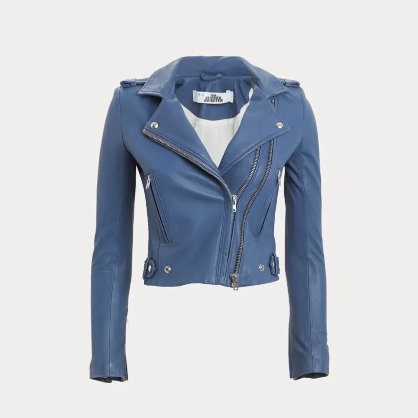 Womens Blue Slim Fit Motorcycle Leather Jacket