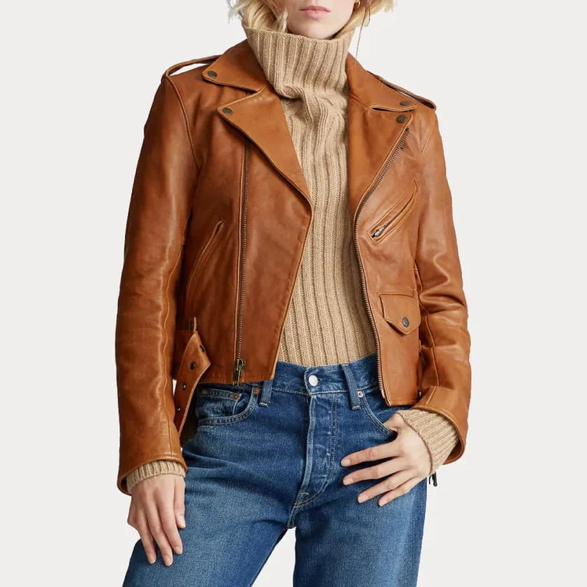 Womens Brown Sheepskin Moto Geniune Leather Jacket