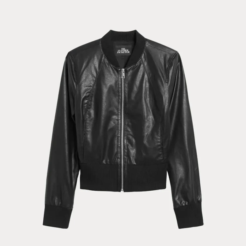 Women Cropped Black Ribbed Cuff Bomber Jacket