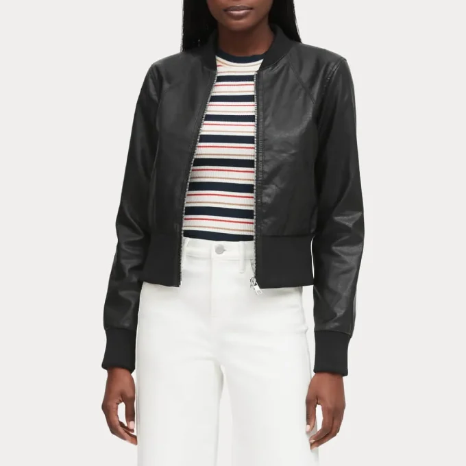 Women Cropped Black Ribbed Cuff Bomber Jacket