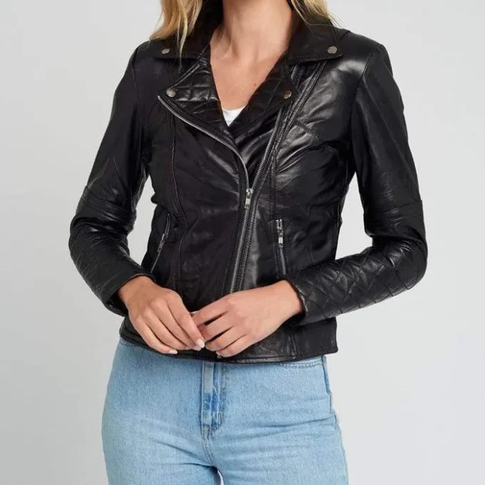 Women’s Asymmetrical Quilted Black Motorcycle Leather Jacket