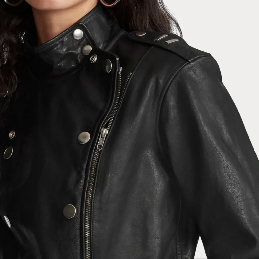 Women’s Black Belted Sheepskin Motorcycle Leather Jacket