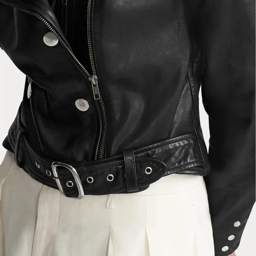 Women’s Black Belted Sheepskin Motorcycle Leather Jacket