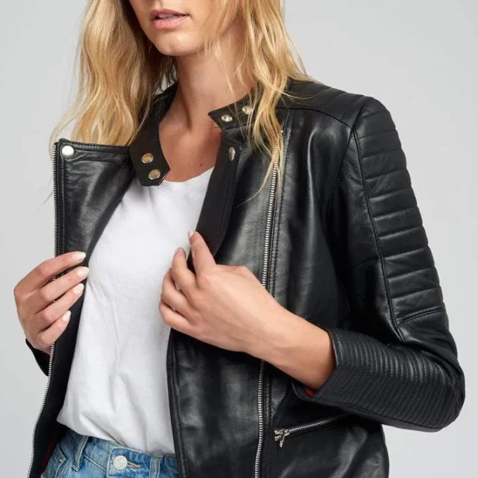 Women’s Black Quilted Standing Collar Leather Jacket