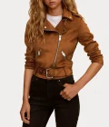 Womens Brown Biker Suede Leather Jacket