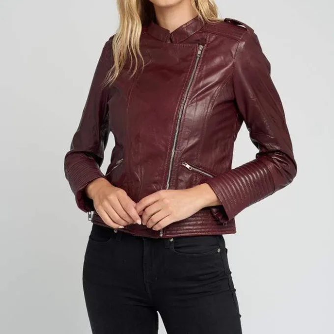 Women’s Dark Maroon Asymmetric Cafe Racer Leather Jacket