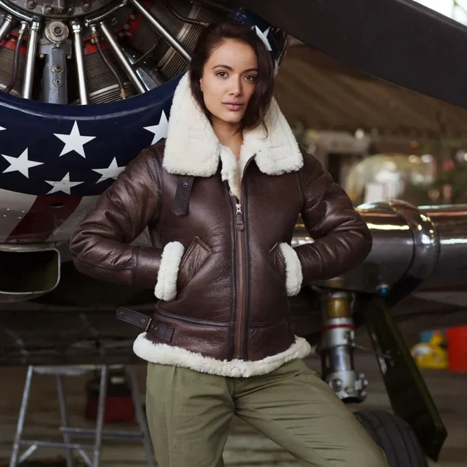 Womens Genuine Sheepskin B-3 Bomber Jacket