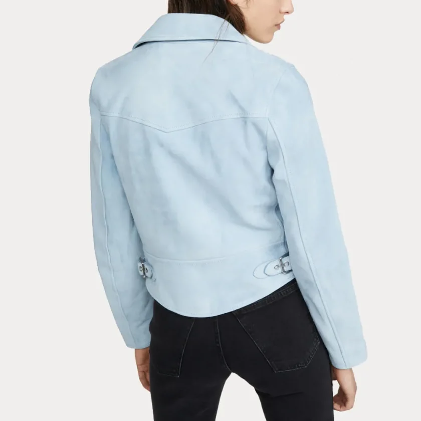 Womens Pale Blue Suede Biker Leather Jacket