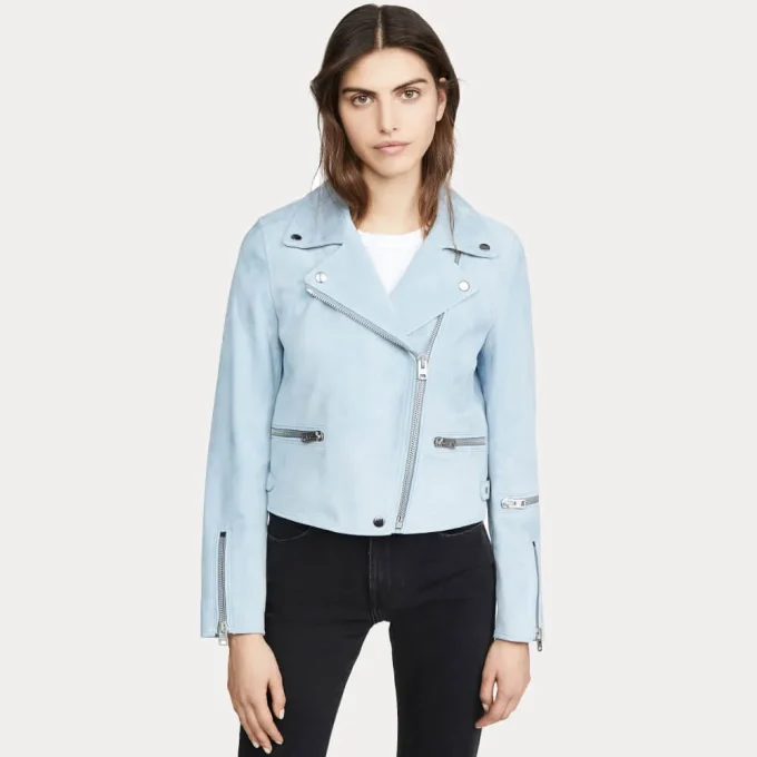 Womens Pale Blue Suede Biker Leather Jacket