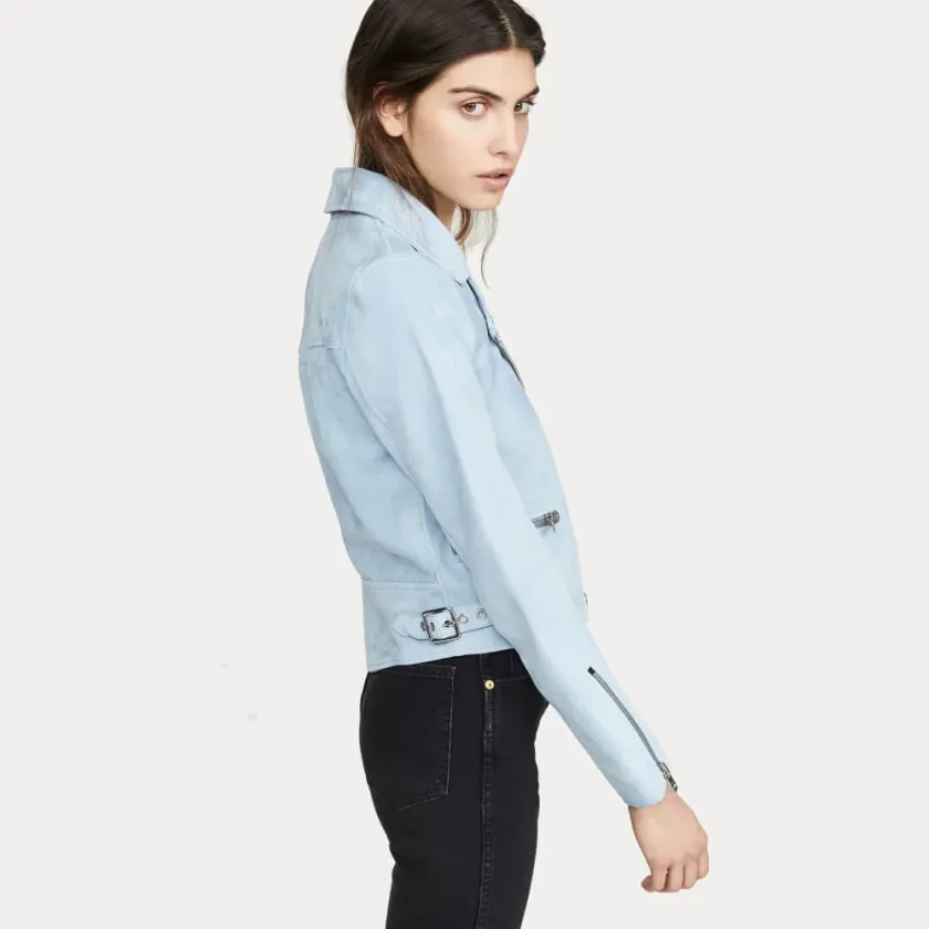 Womens Pale Blue Suede Biker Leather Jacket