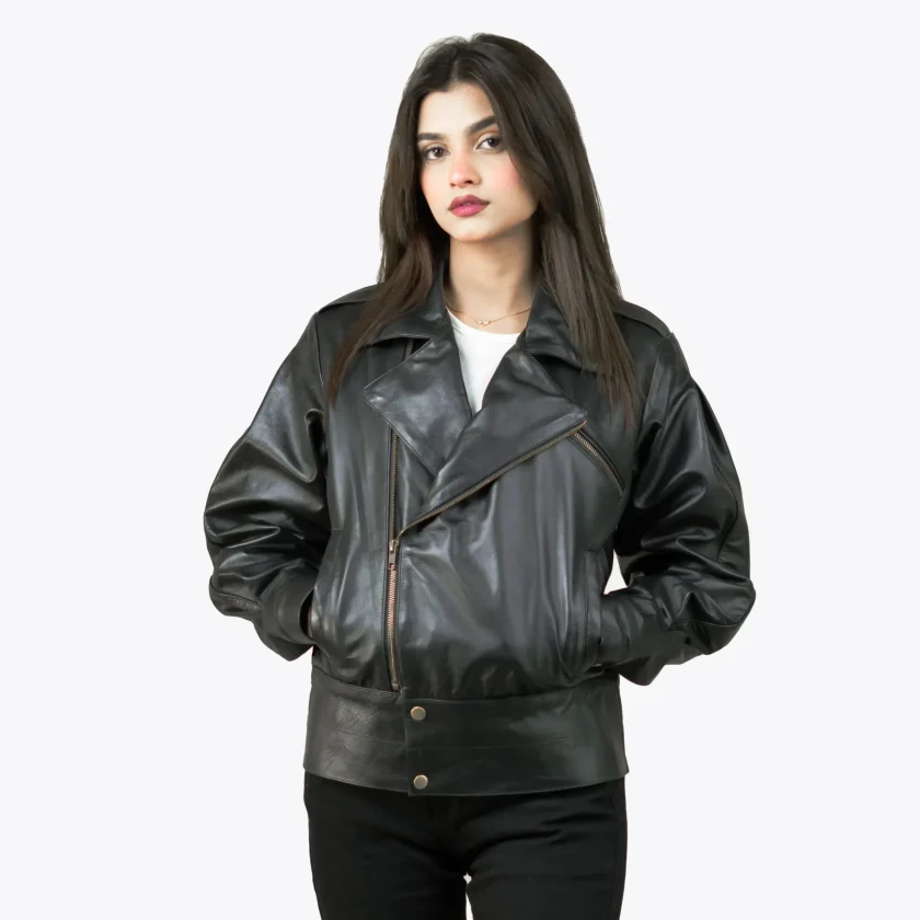 Women’s Puffer Stand Collar Black Leather Jacket