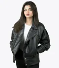 Women’s Puffer Stand Collar Black Leather Jacket