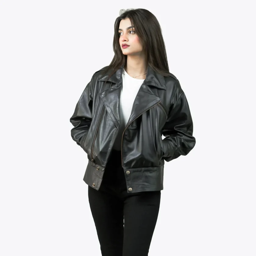 Women’s Puffer Stand Collar Black Leather Jacket