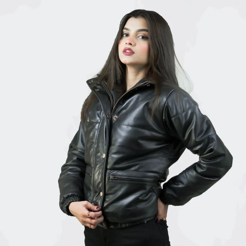 Women’s Puffer Stand Collar Black Leather Jacket