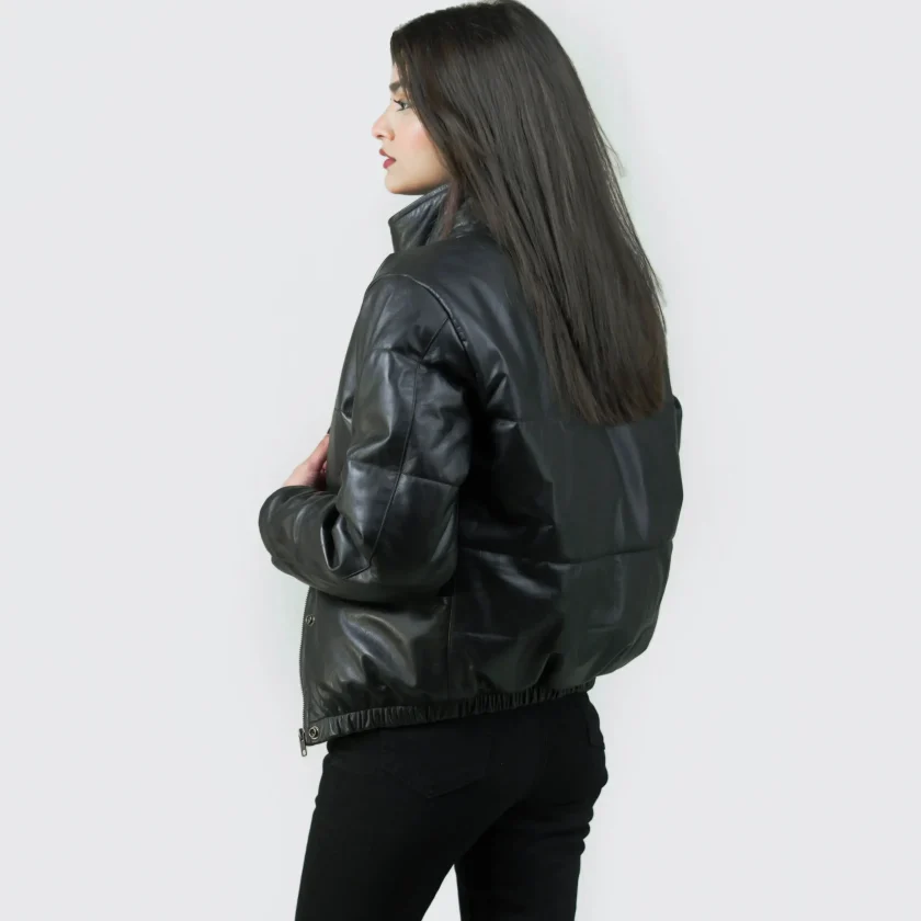 Women’s Puffer Stand Collar Black Leather Jacket