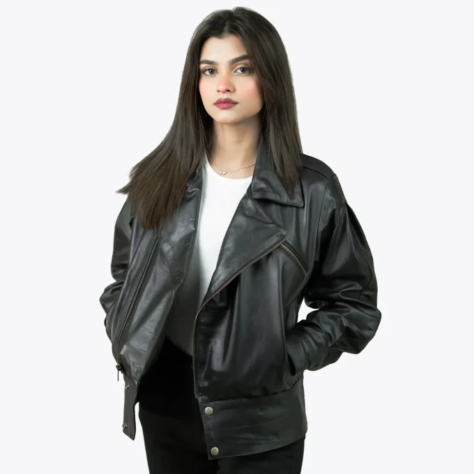 Women’s Puffer Stand Collar Black Leather Jacket