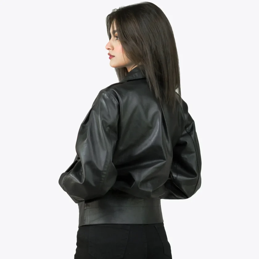 Women’s Puffer Stand Collar Black Leather Jacket