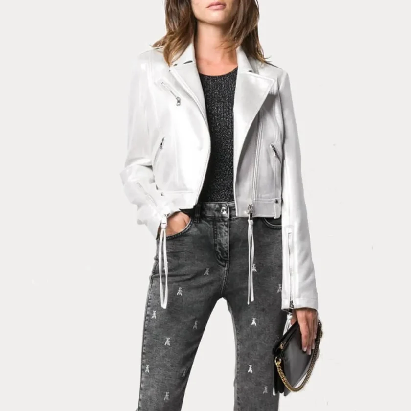 Womens White Metallic Biker Moto Leather Jacket