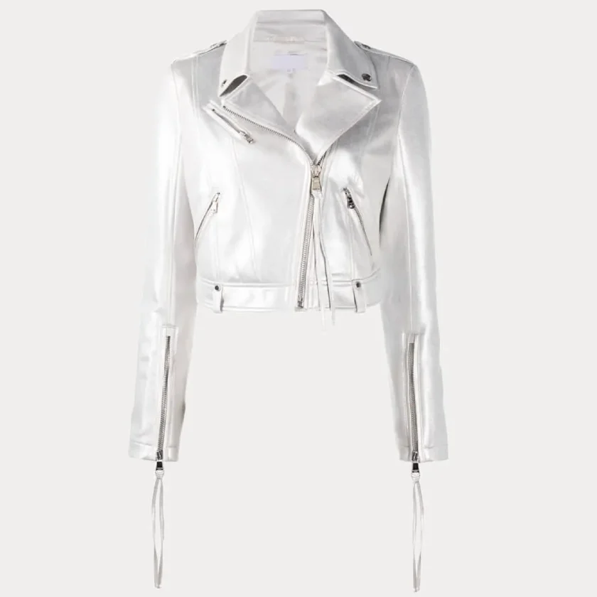 Womens White Metallic Biker Moto Leather Jacket