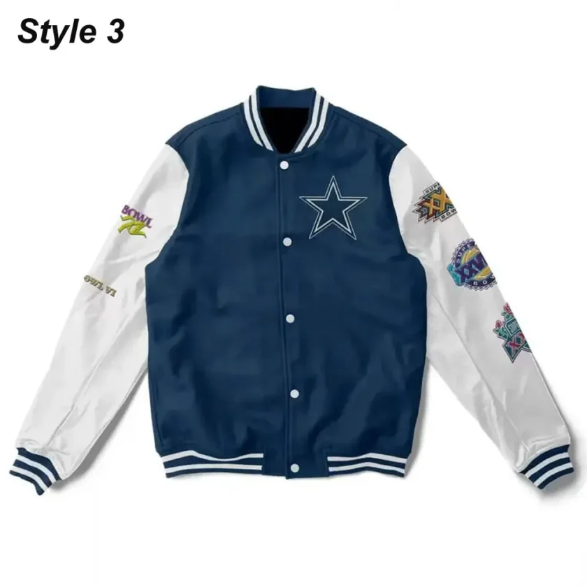 Super Bowl 5x Champions Dallas Cowboys Navy/White Varsity Jacket - Image 2