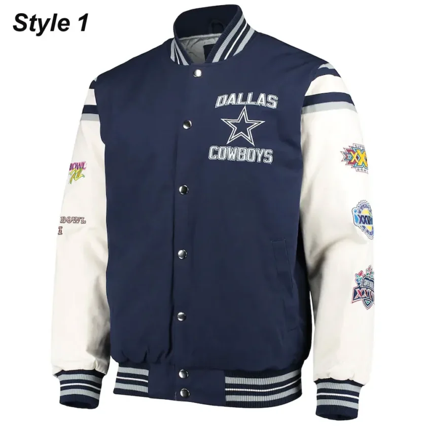 Super Bowl 5x Champions Dallas Cowboys Navy/White Varsity Jacket - Image 4